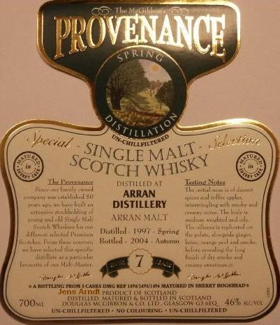 Arran Speciales Provenance Whisky Label