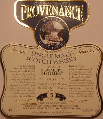 Bowmore Speciales Provenance Whisky Label