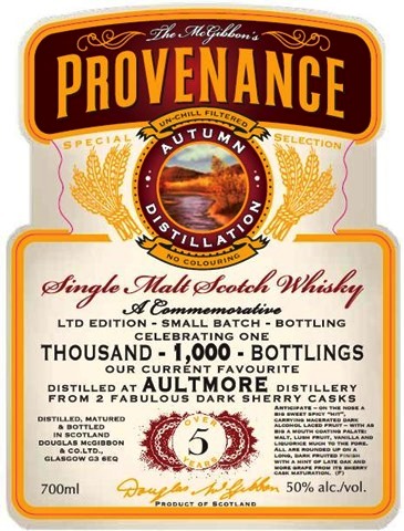 Das Etikett von der 1000ten Whisky Abfüllung der Provenance-Serie . Es handelt sich um einen Aultmore 5 Jahre