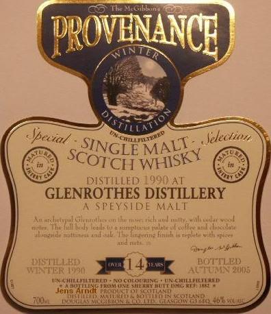 Glenrothes Speciales Provenance Whisky Label