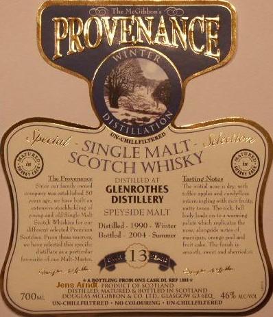 Glenrothes Speciales Provenance Whisky Label