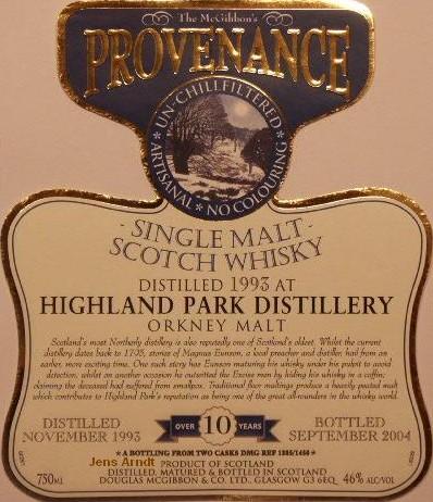 Highland Park Speciales Provenance Whisky Label