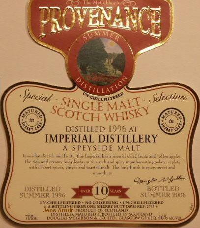 Imperial Speciales Provenance Whisky Label