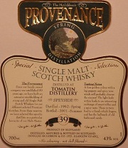 Tomatin Speciales Provenance Whisky Label