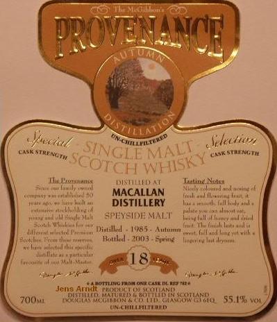 Macallan Speciales Provenance Whisky Label