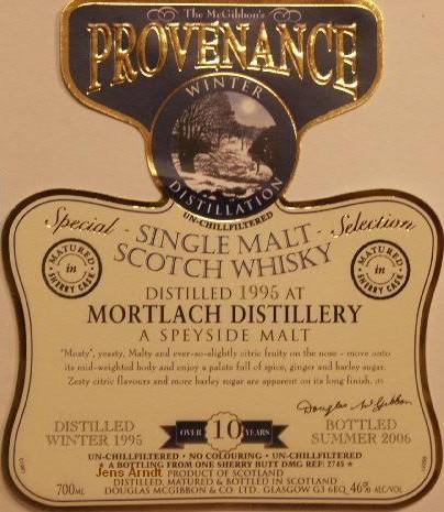 Mortlach Speciales Provenance Whisky Label