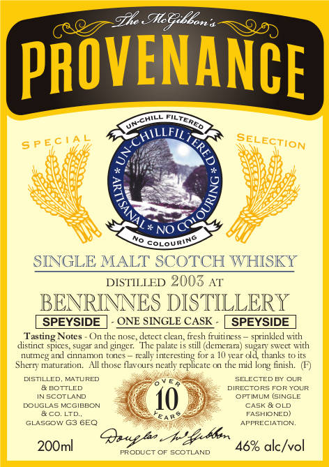 Benrinnes Speciales Provenance Whisky Label