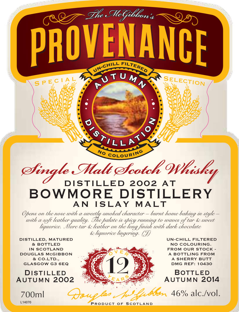 Bowmore Speciales Provenance Whisky Label