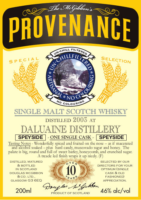 Daluaine Speciales Provenance Whisky Label