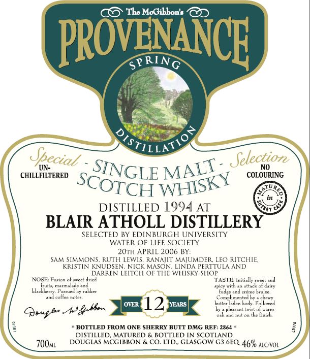 Blair AtholSpeciales Provenance Whisky Label 